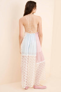 Rosa Clothing Lace Patchwork Halter Maxi Flare Dress in floral - women's dress - detail view