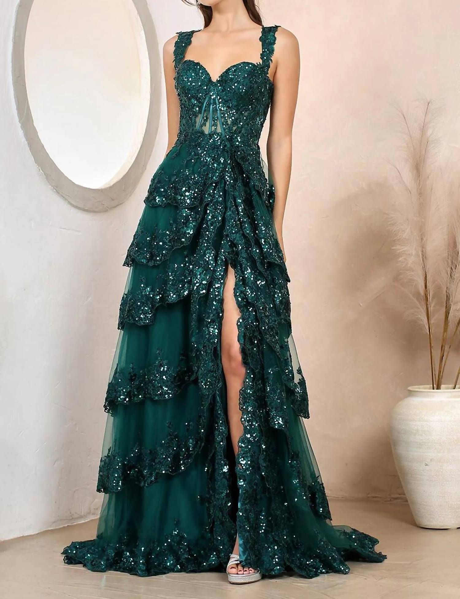 Adora Design - Tiered A-line Sequin Applique Formal Prom Gown