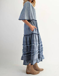 Easel - Flattering V-neck Denim Maxi Dress