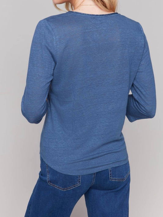 Charlie B - Quarter Sleeve Linen Blend Top With Neck Trim