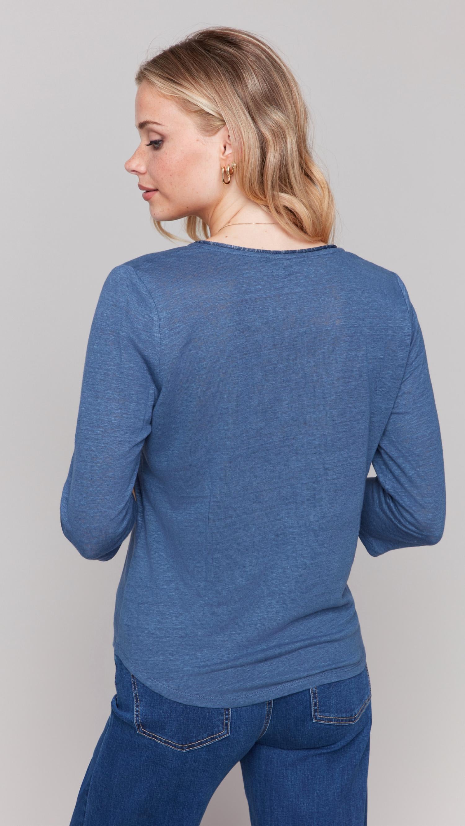 Charlie B - Quarter Sleeve Linen Blend Top With Neck Trim