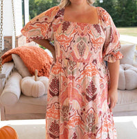 Fate Bohemian Brushstrokes Paisley Midi Dress - Plus in pink - women's dress