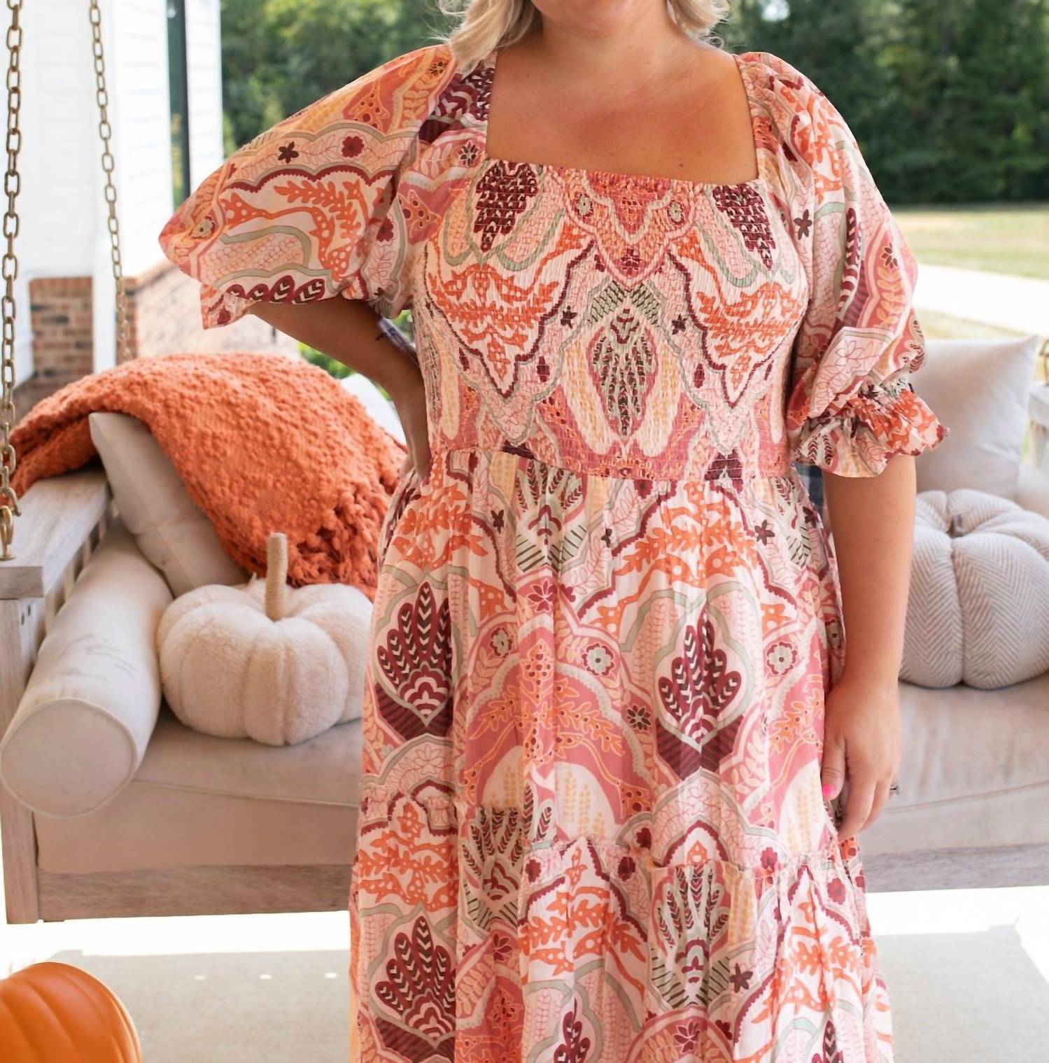 Fate Bohemian Brushstrokes Paisley Midi Dress - Plus in pink - women's dress