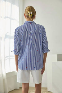Skies Are Blue - Star Embroidered Striped Button-down Blouse