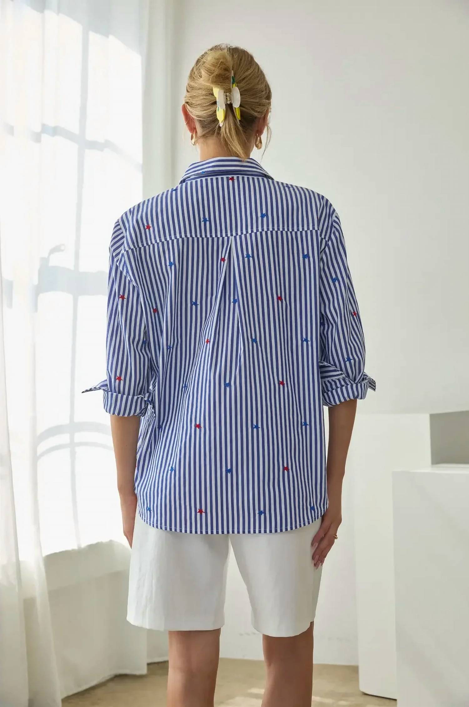 Skies Are Blue - Star Embroidered Striped Button-down Blouse