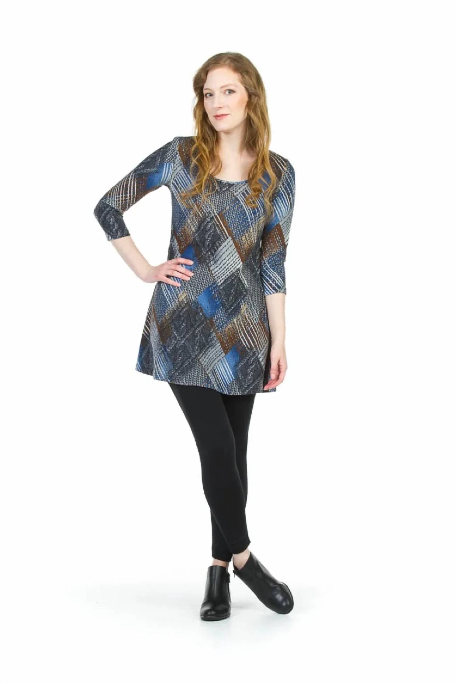 Papillon - 3/4 Sleeve Ribbed Geometric Print Dress