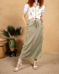 Paparazzi - Tencel Slub Pull On Cargo Skirt With Slit Side