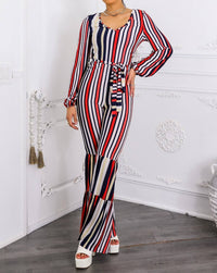 Surelymine - Striped Flare-Leg Jumpsuit with Tie Waist & Long Sleeves