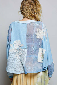 POL Crochet Embroidered Patch Lace Top in powder blue - women's blouse - alternate view