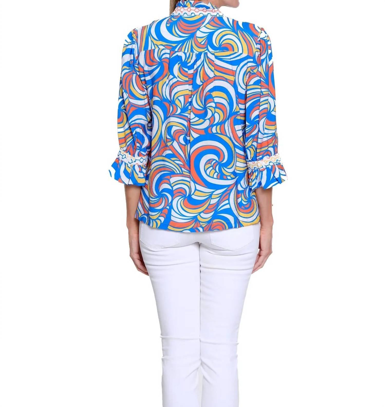 Multiples - Cuffed 3/4 Flounce Sleeve Notch Neck Ruffle Stand Collar Top