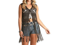 Rock & Roll Denim Crochet Vest With Fringe in black - women's blouse