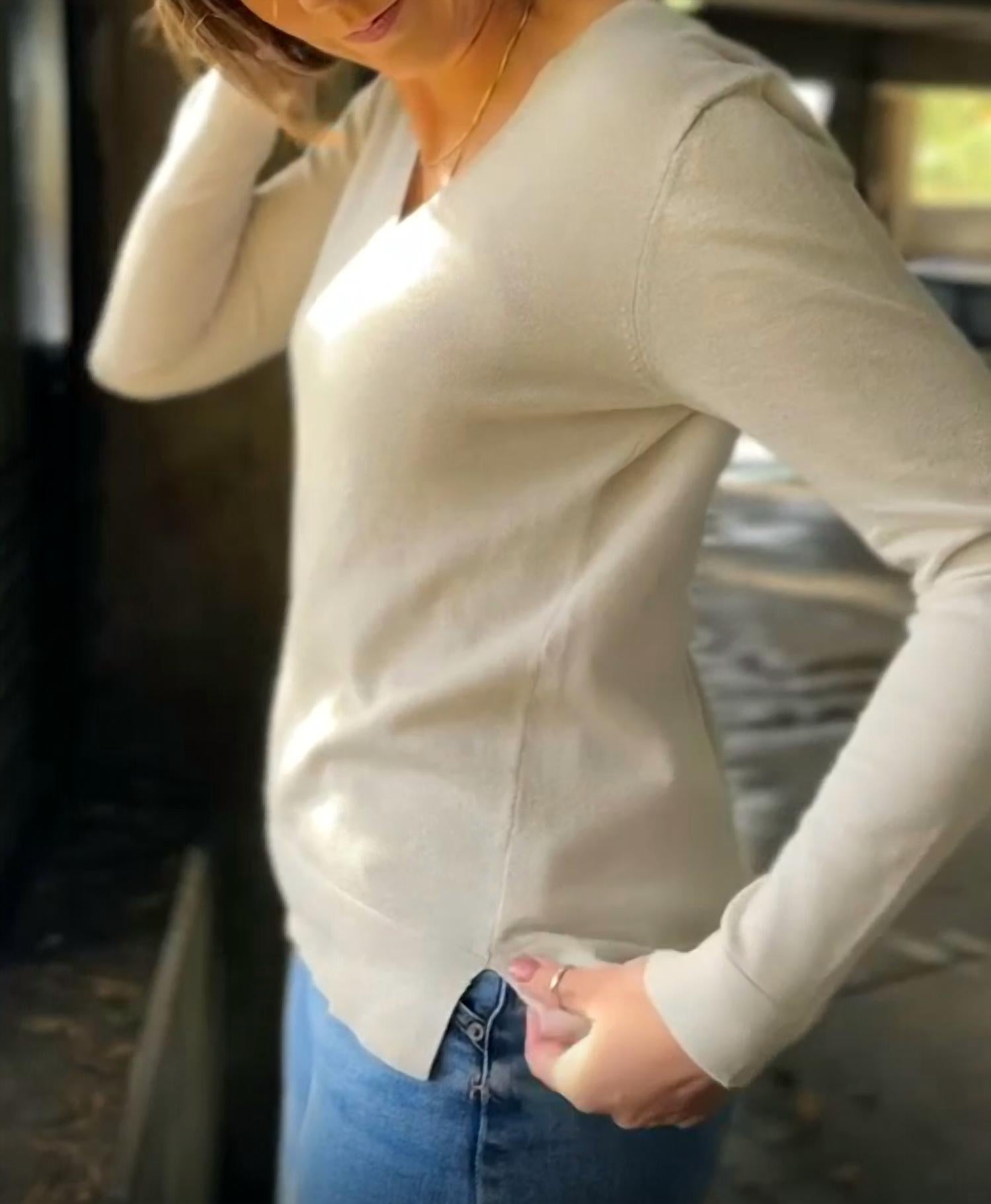 Pure Amici Long Sleeve V Neck Tee in latte - women's long sleeve top - detail view