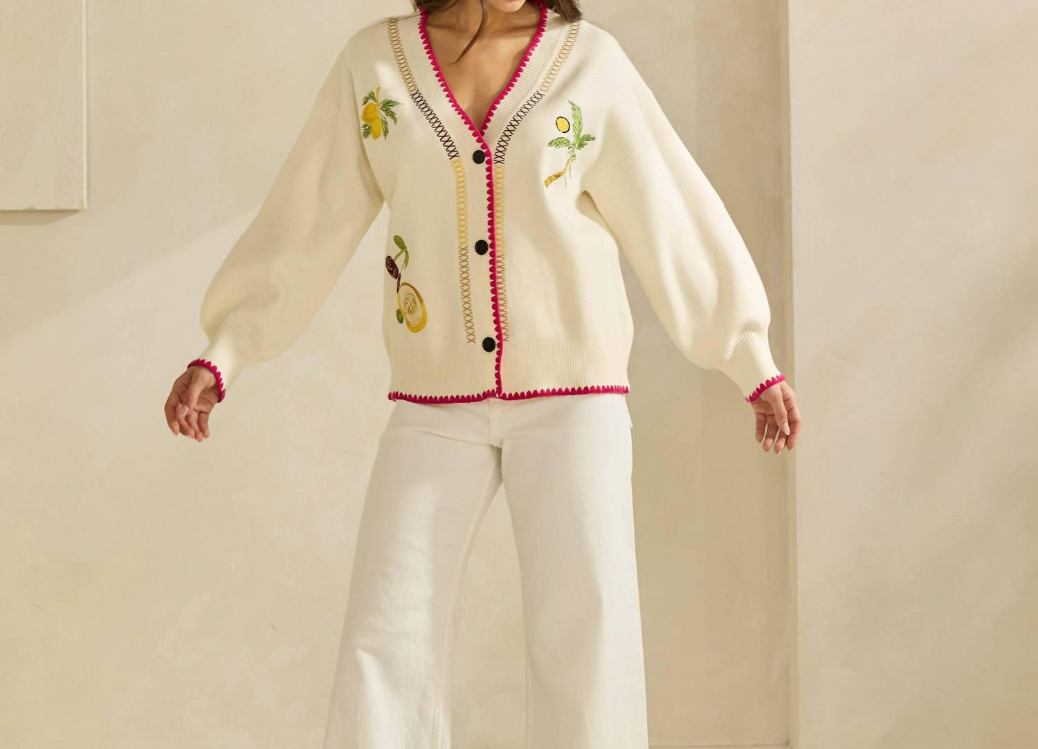ABLE Embroidered V-neck Cardigan in cream red - women's cardigan - view 7