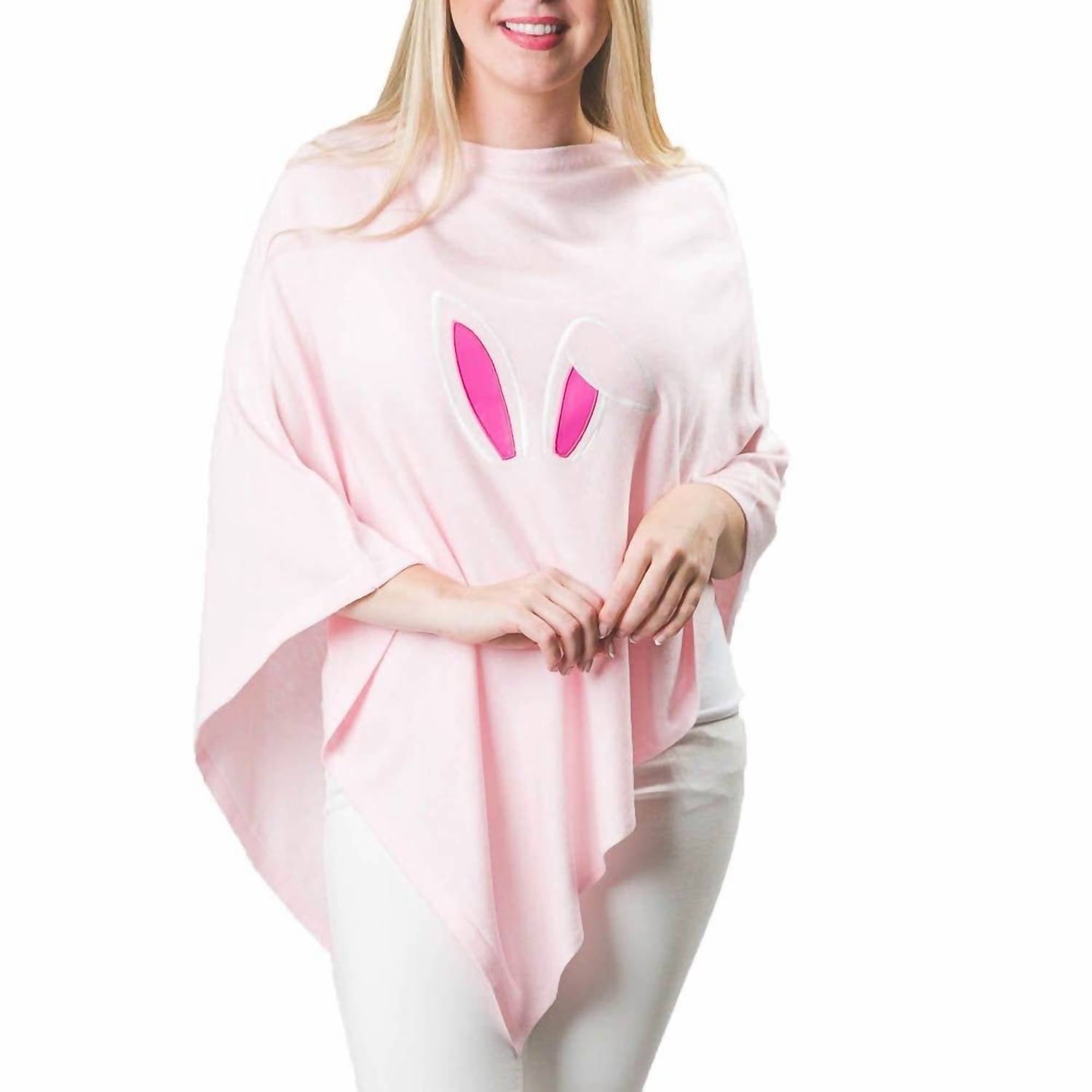 Top It Off - Embroidered Bunny Ears Knit Poncho