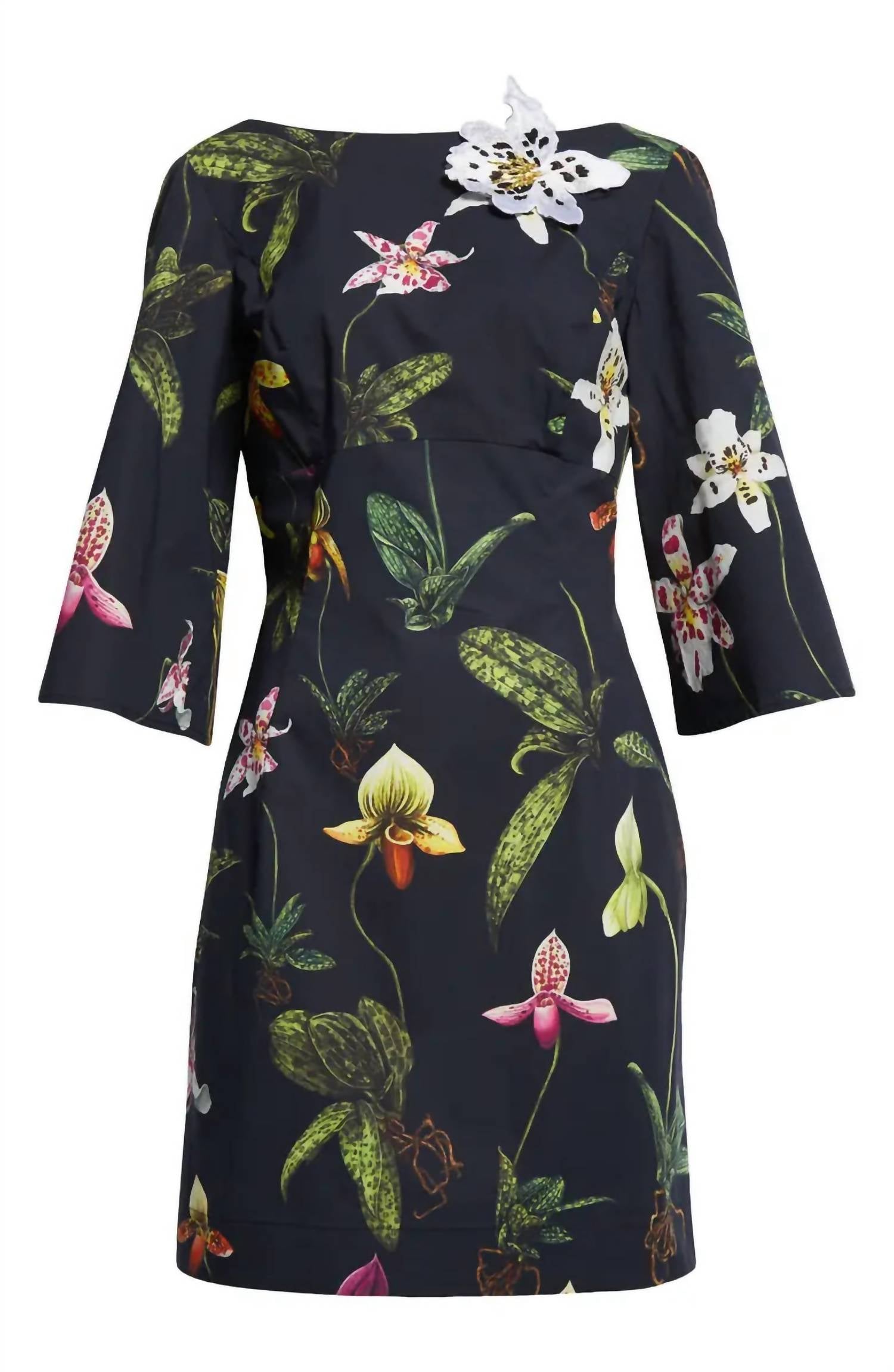 Oscar De La Renta - Three Quarter Bateau Neck Poplin Dress