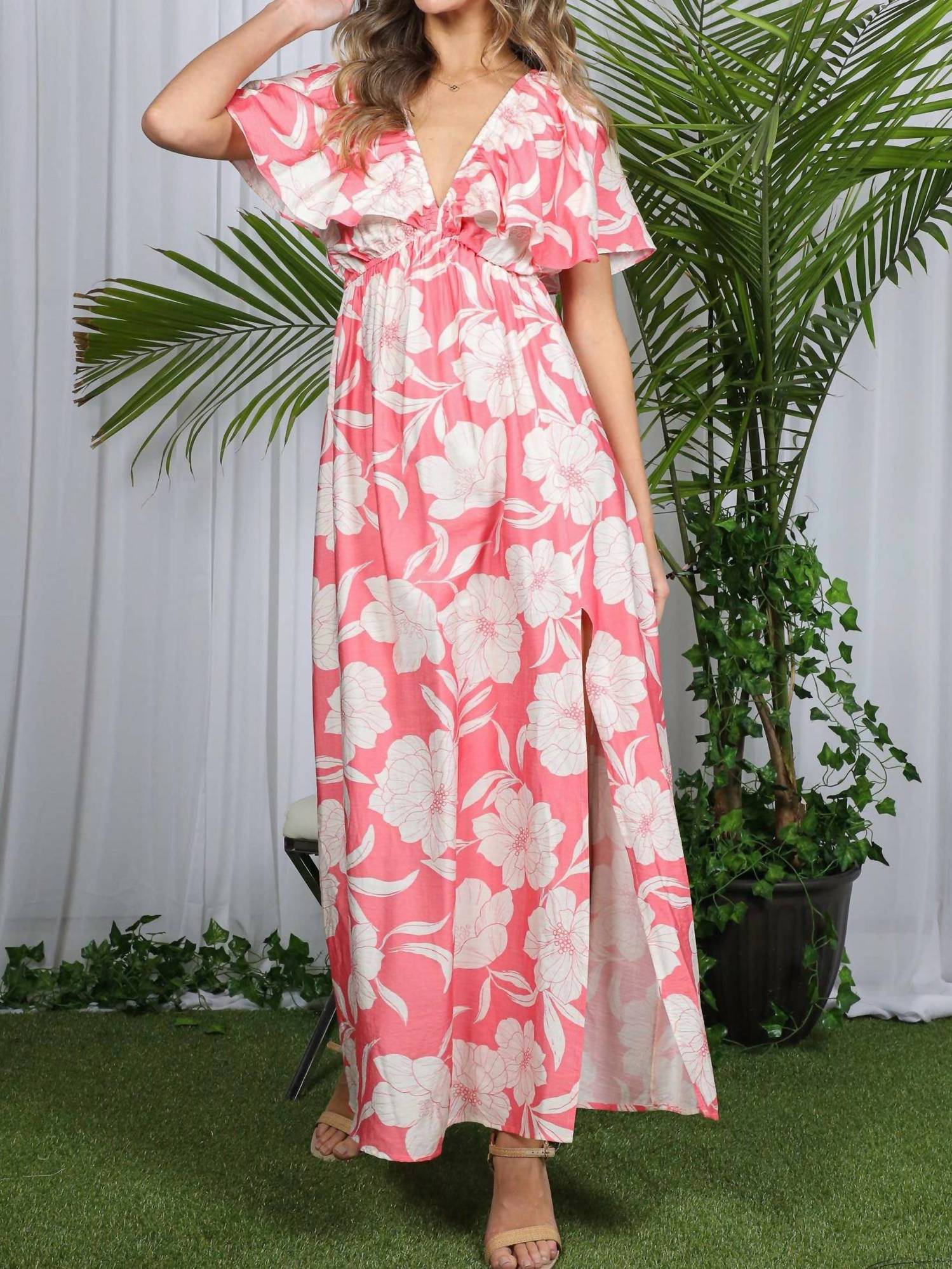 Vine & Love - Floral Flutter Sleeve Slit Detail Maxi Dress
