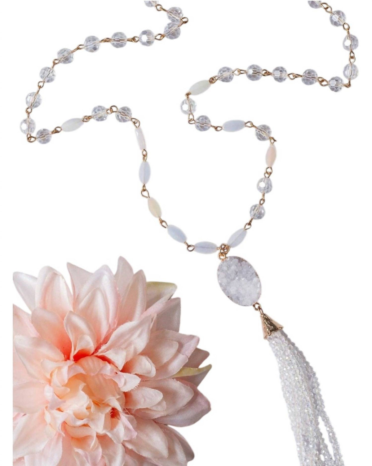 Grace + Emma - Women's Druzy Stone Pendant And Clear Beaded Tassel Necklace