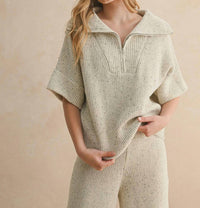 MIOU MUSE Half Zip Short Sleeve Knitted Top in beige - women's top