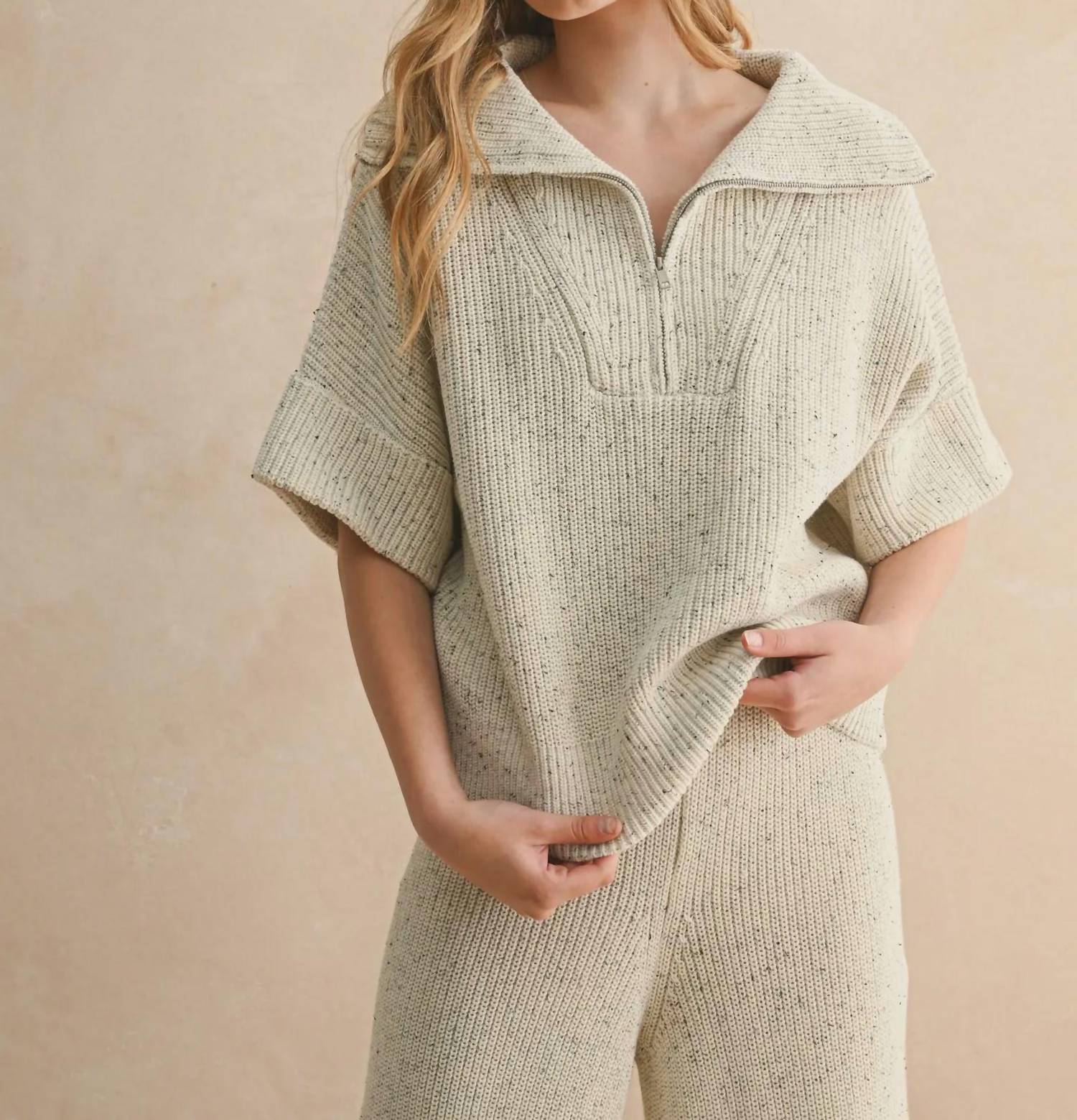 MIOU MUSE Half Zip Short Sleeve Knitted Top in beige - women's top