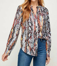 SEE AND BE SEEN Snakeskin Print Long Sleeve Shirt in blue multi - women's blouse - detail view