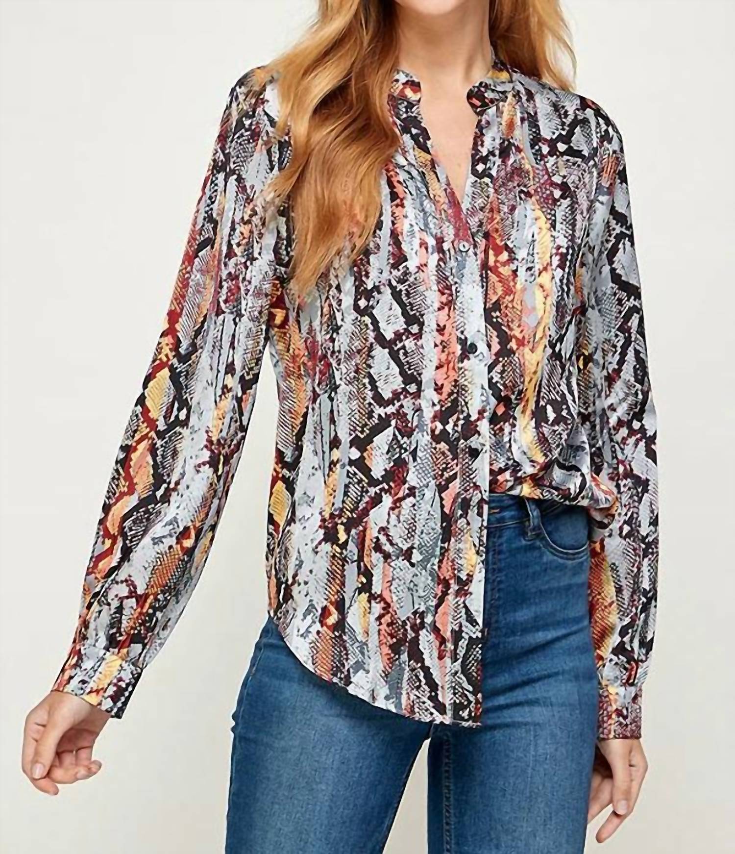 SEE AND BE SEEN Snakeskin Print Long Sleeve Shirt in blue multi - women's blouse - detail view