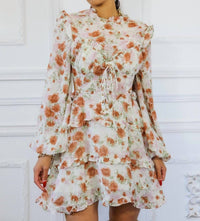 Surelymine - Bubble Sleeves Floral Cutout Laced Mini Dress
