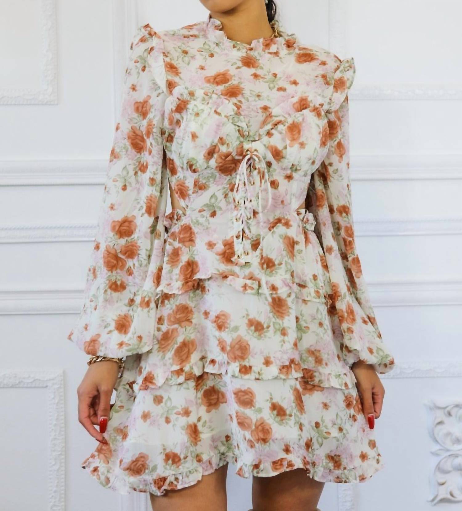 Surelymine - Bubble Sleeves Floral Cutout Laced Mini Dress