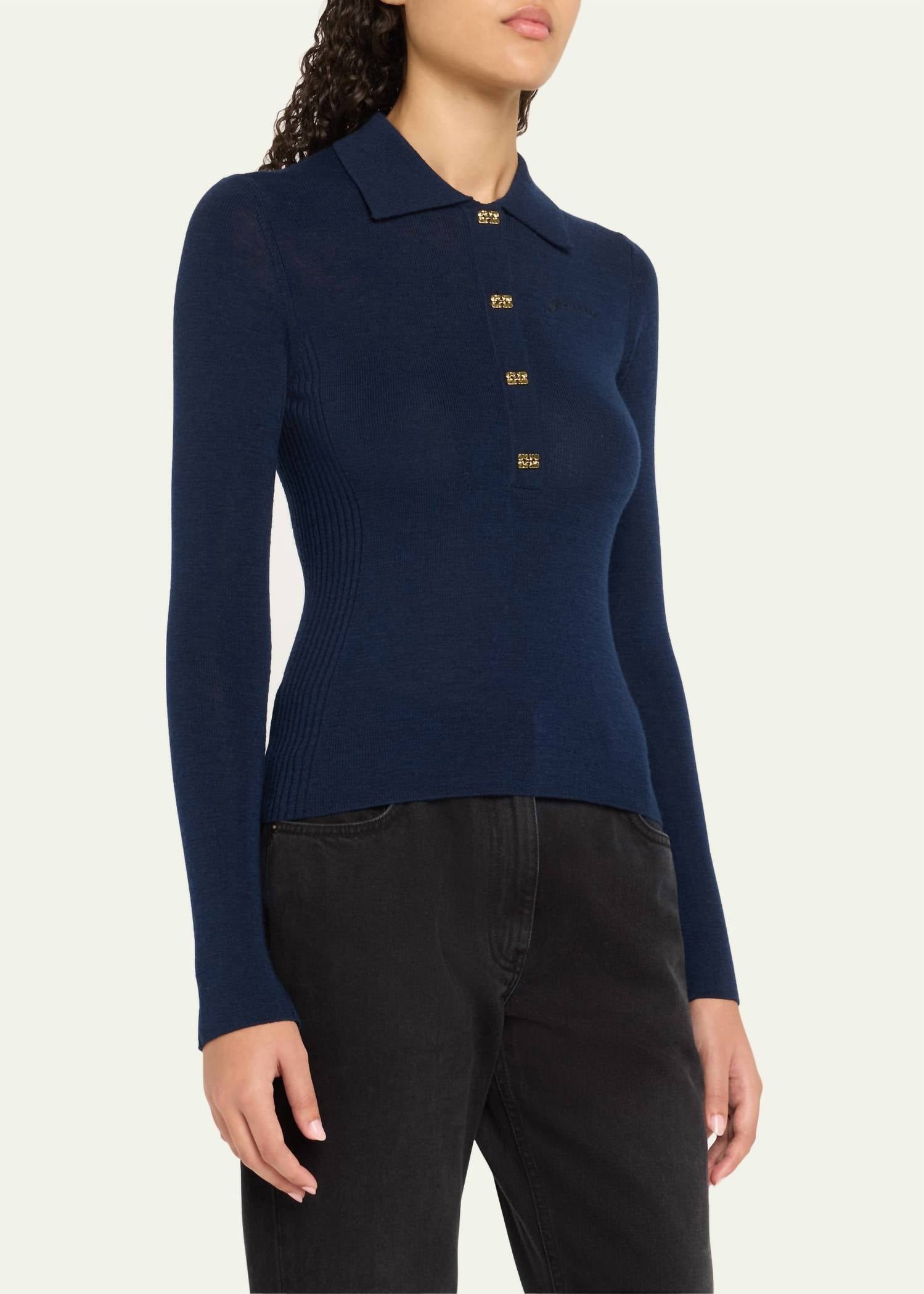 Ganni - Mini Ribbed Merino Polo Top