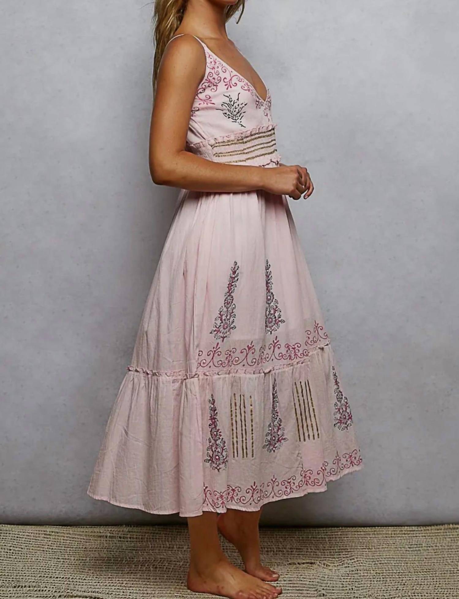 POL Smocked Band Ruffle Woven Dress in light pink - women's dress - alternate view