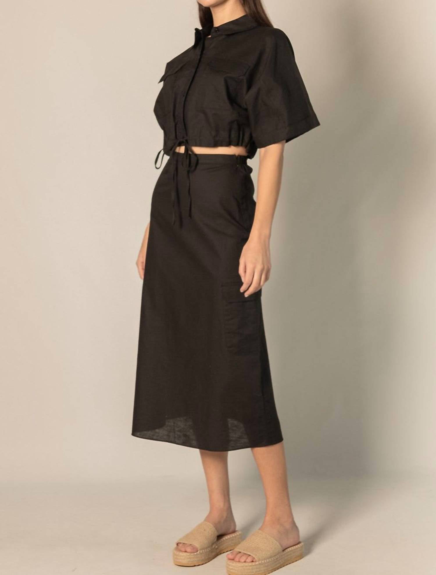 Before You Collection Brynlee Linen Blend Cargo Midi Skirt in black - women's skirt - detail view