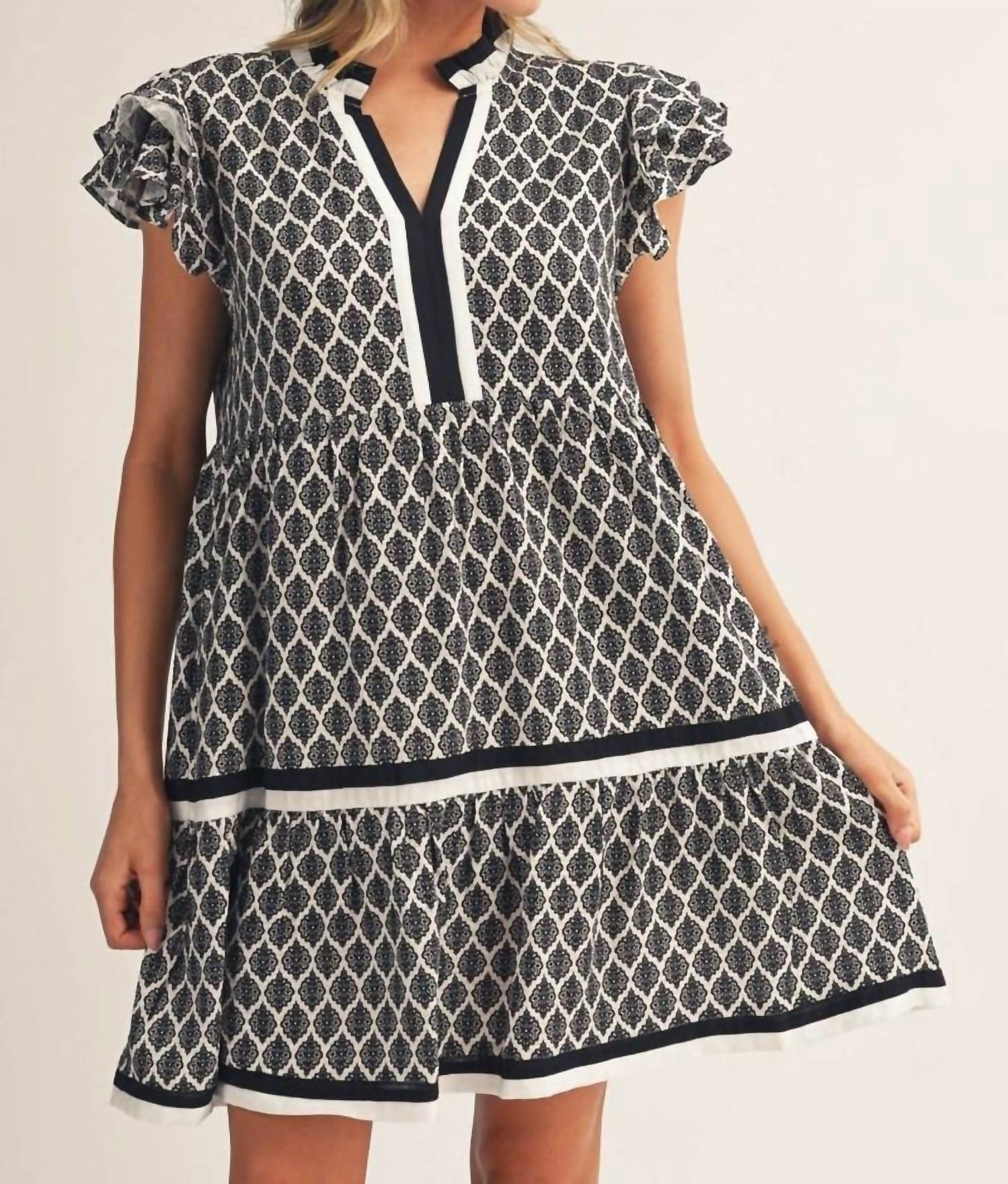 Jodifl - Layered Ruffle Sleeves Baroque Print Tiered Dress