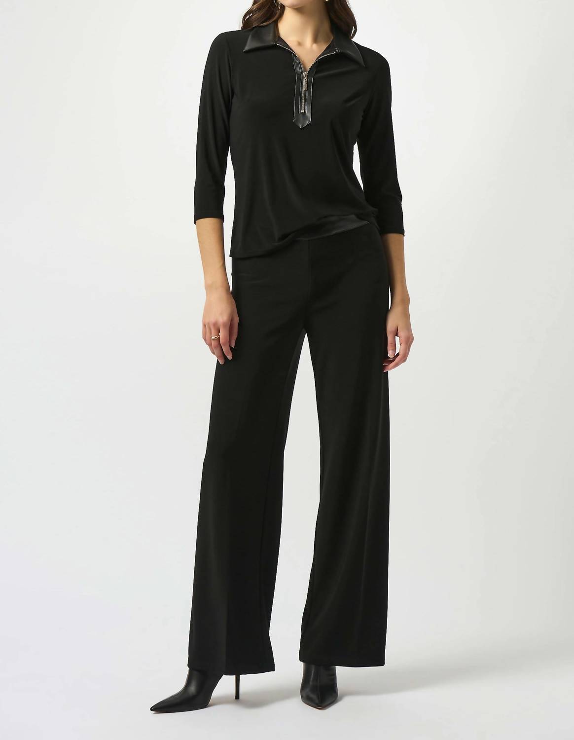 Joseph Ribkoff Silky Knit & Leatherette Wide-leg Pants in black 1 - women's pants - alternate view