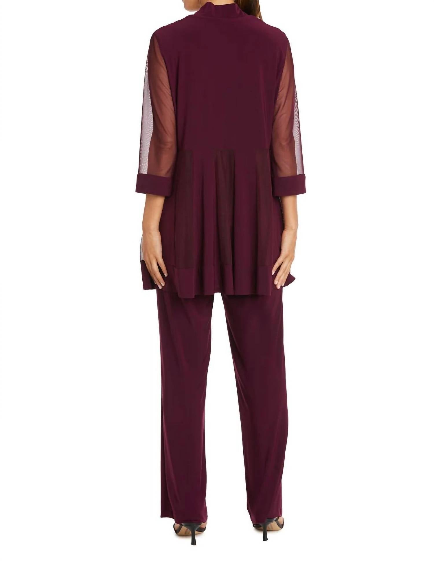 R&M Richards - Pants Suit Sleeveless Top With Soft-cut Draped Lapel Mesh Jacket Set