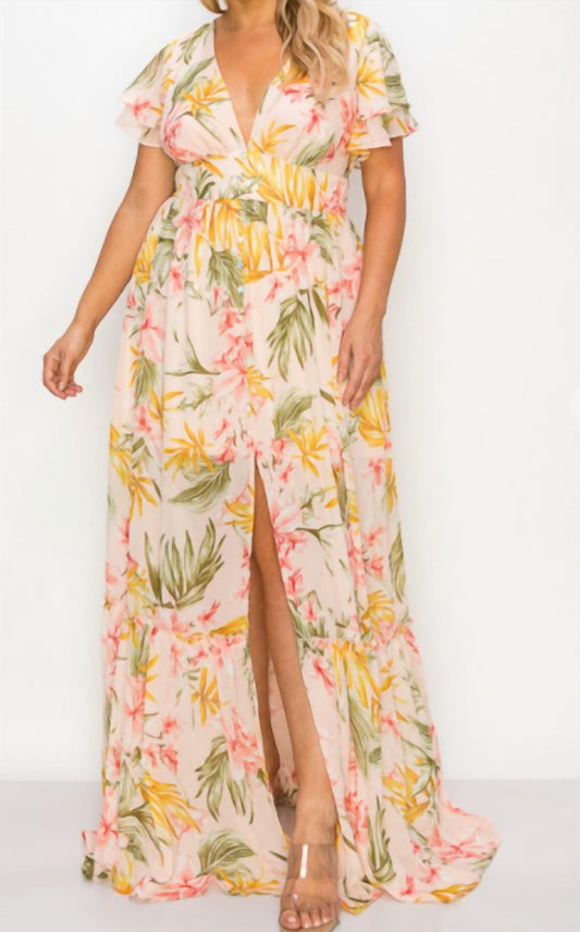 Miss Avenue - Chiffon Short Sleeve Button Down Detail Maxi Dress