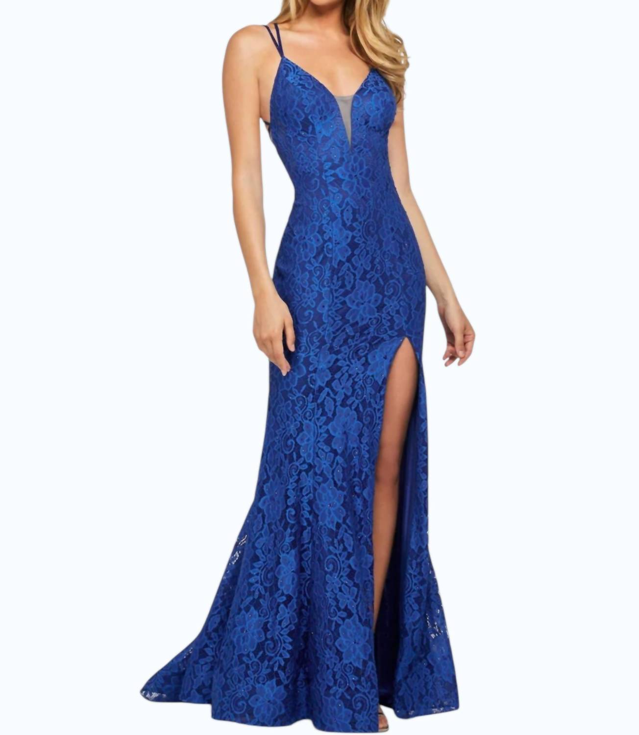 Sherri Hill Strappy Back Lace Dress in royal - women's dress