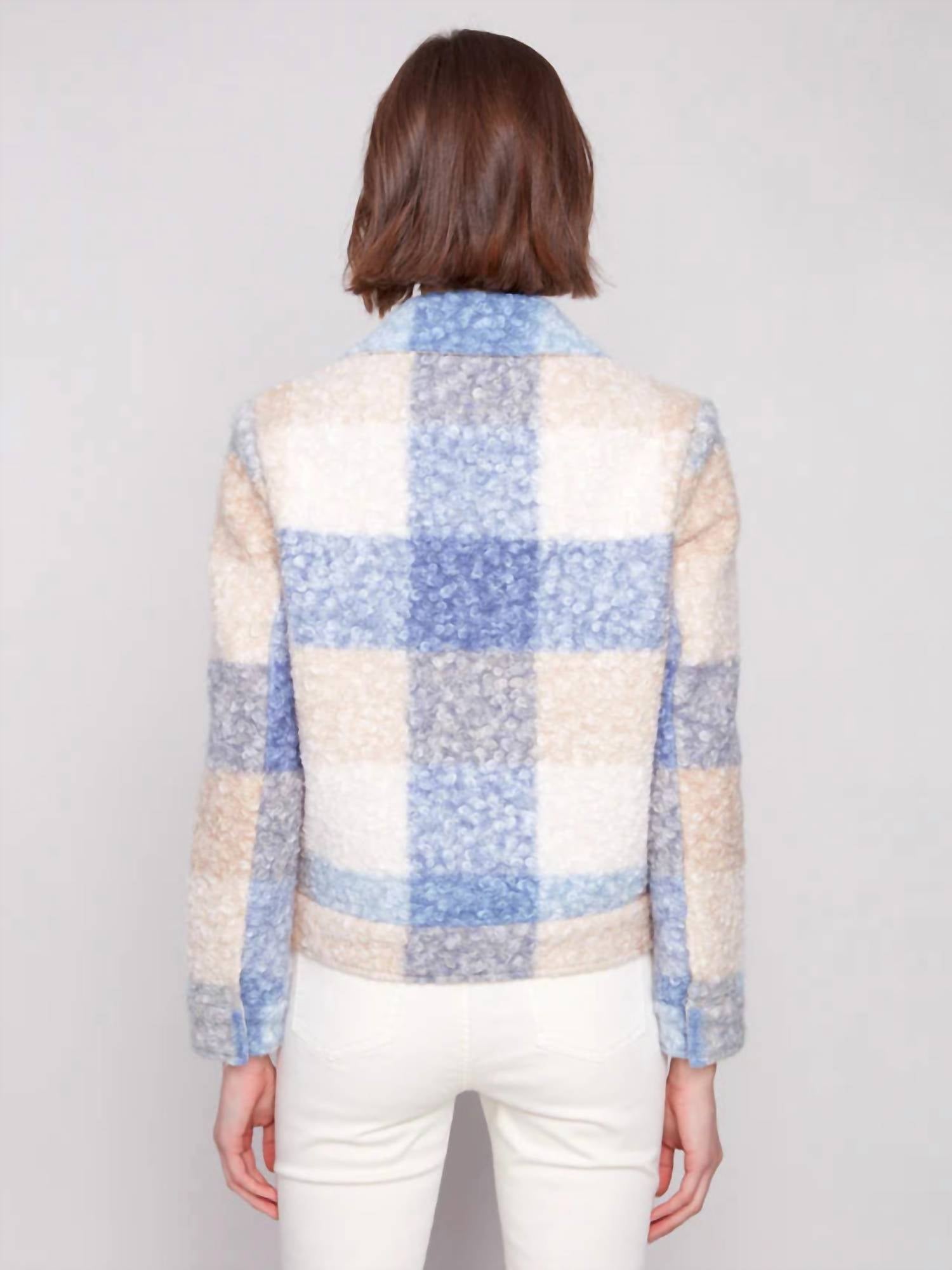 Charlie B - Plaid Boucle Knit Short Jacket With Hidden Snaps And Welt Pockets