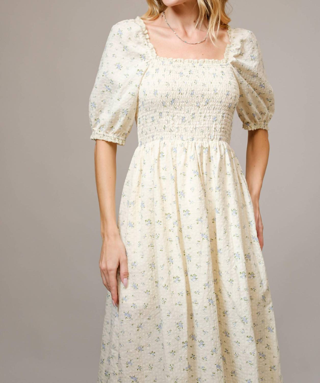 Blue B - Ditsy Floral Smocked Square Neck Midi Dress