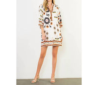 THML Floral Border Print Split Neck Tunic Dress in white - women's dress - view 8