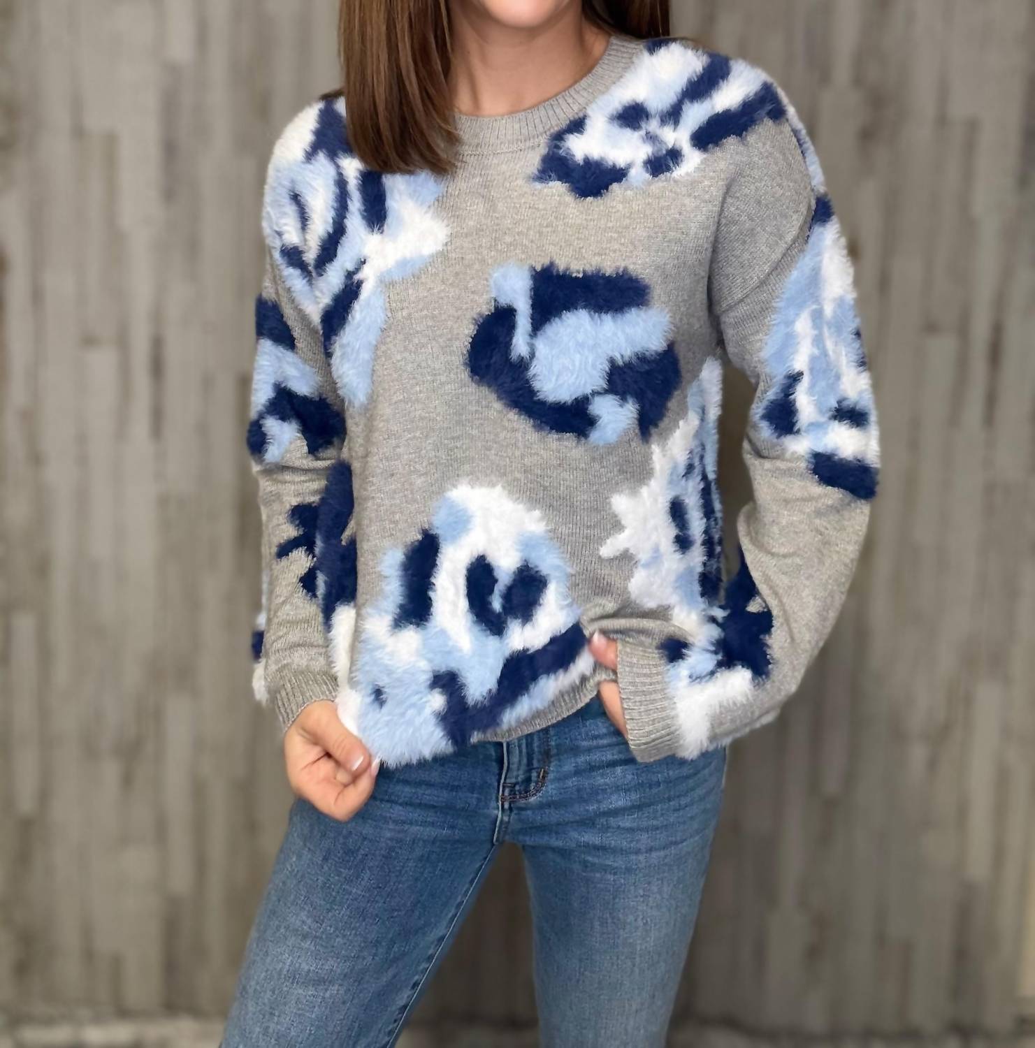 Charlie B - Hairy Yarn Floral Jacquard Crew Neck Drop Shoulder Sweater