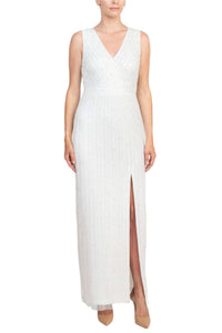 Adrianna Papell - V-neck Beaded & Sequined Sleeveless Banded Waist Slit Front Mesh Dress