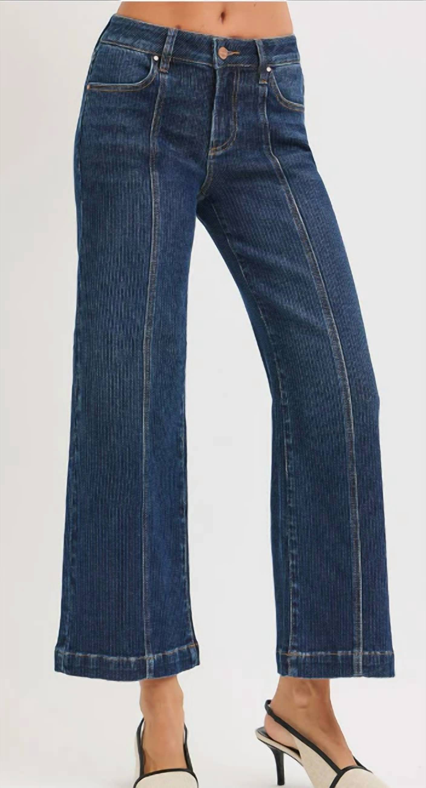 Risen - Mid Rise Crop Wide Front Seamed Detailed Jeans