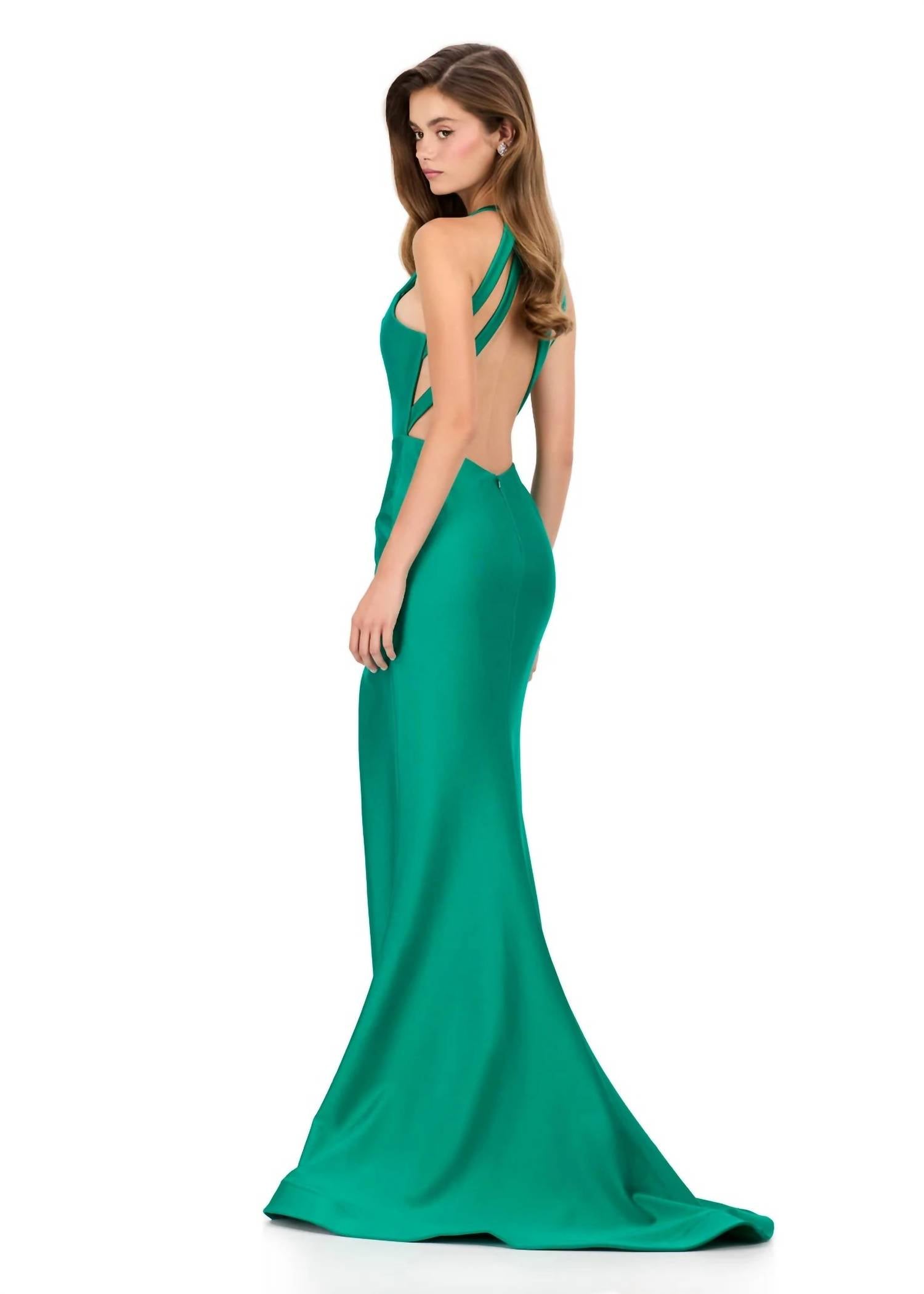 ASHLEYlauren Halter Jersey Gown in emerald - women's dress - alternate view