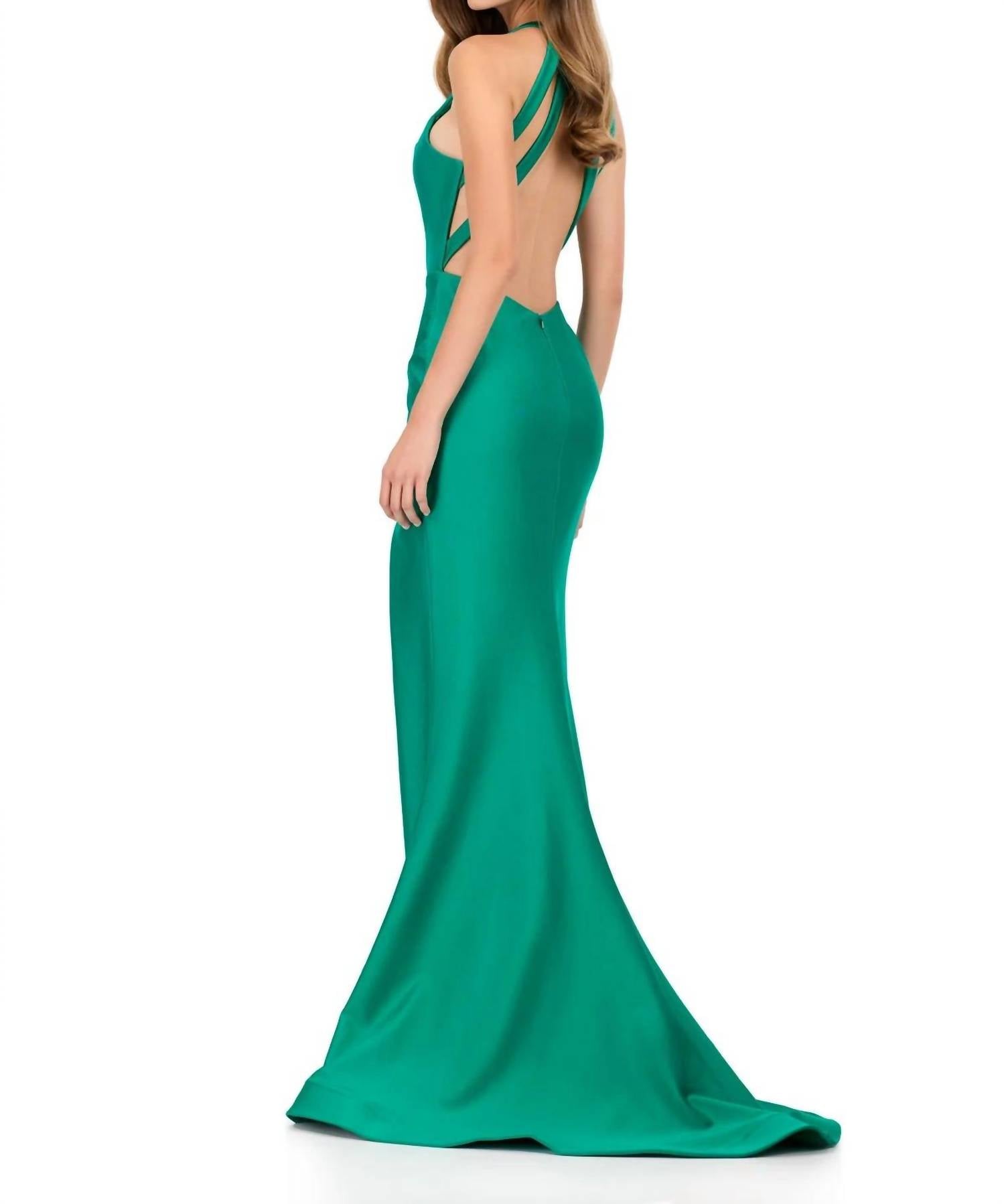 ASHLEYlauren Halter Jersey Gown in emerald - women's dress - detail view