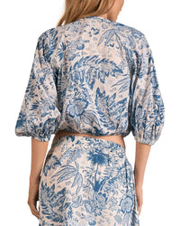 ELAN Puff Sleeve Crop Top in blue leafy flower - women's shirt - alternate view
