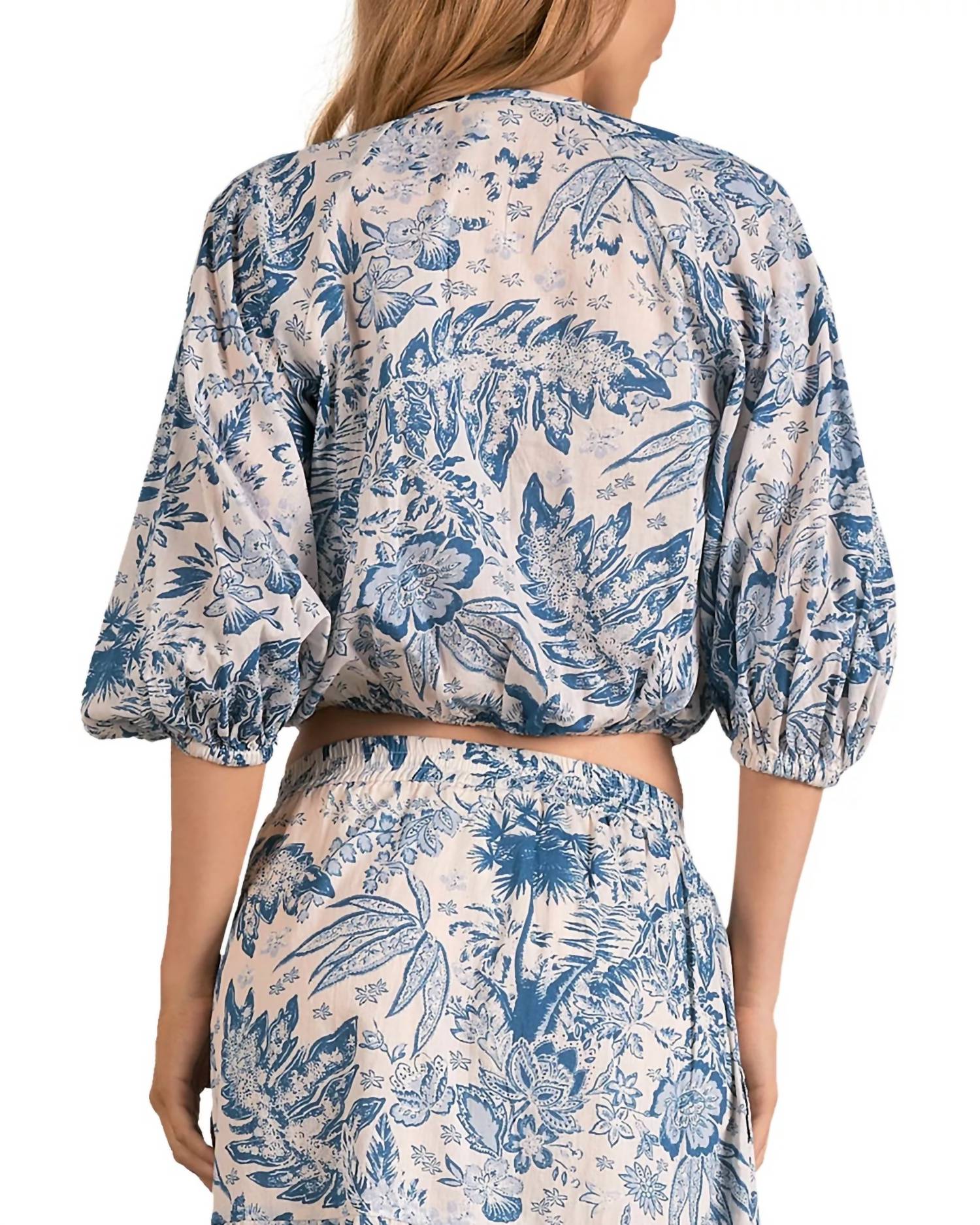 ELAN Puff Sleeve Crop Top in blue leafy flower - women's shirt - alternate view