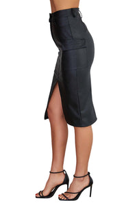 Venti6 - Romana Cargo Pocket Vegan Leather Midi Skirt