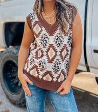 Lucky & Blessed - Aztec Leopard Knit V-neck Sleeveless Sweater Top