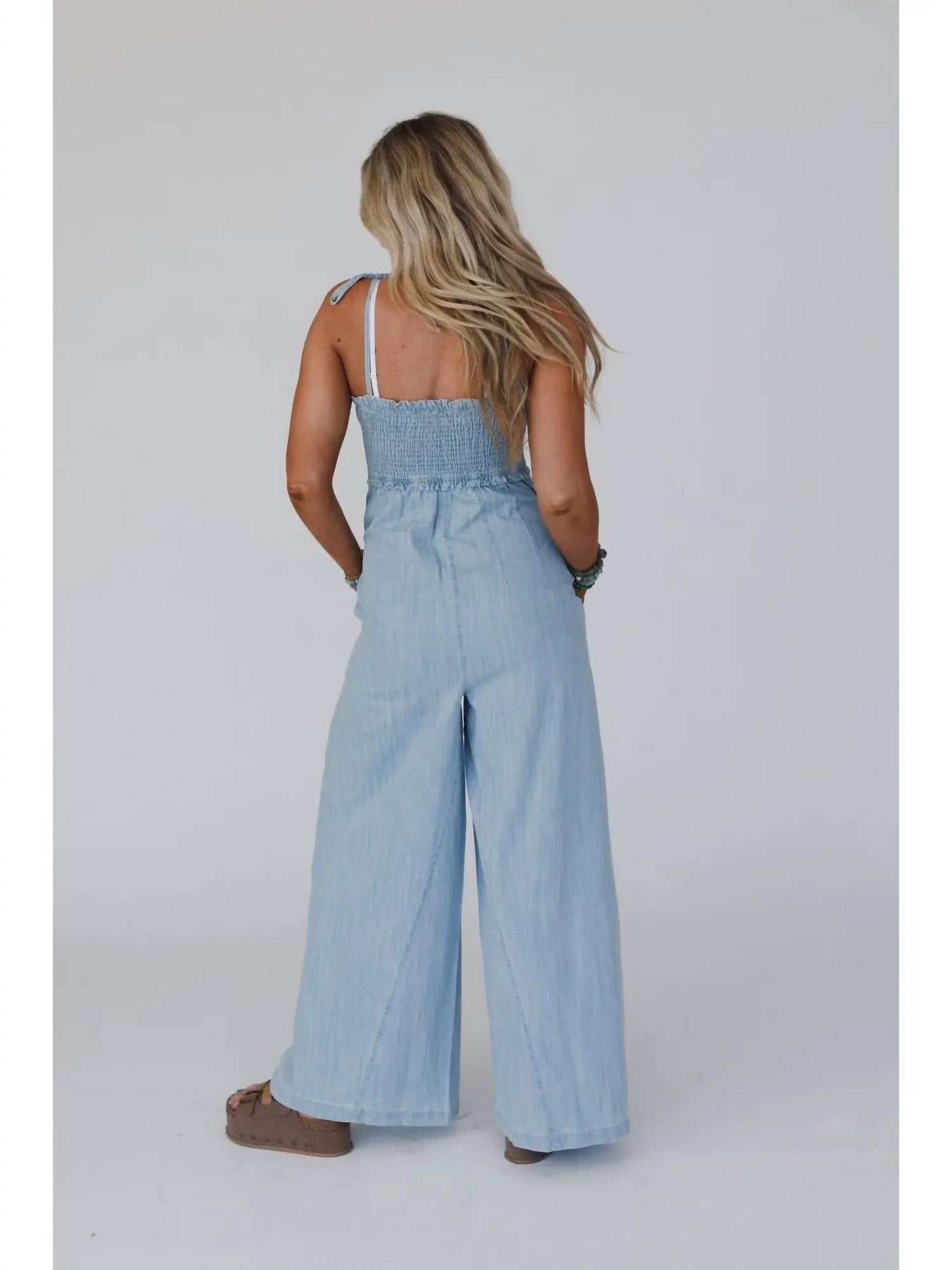 Three Bird Nest - Light Washed Smocked Cotton Jumpsuit