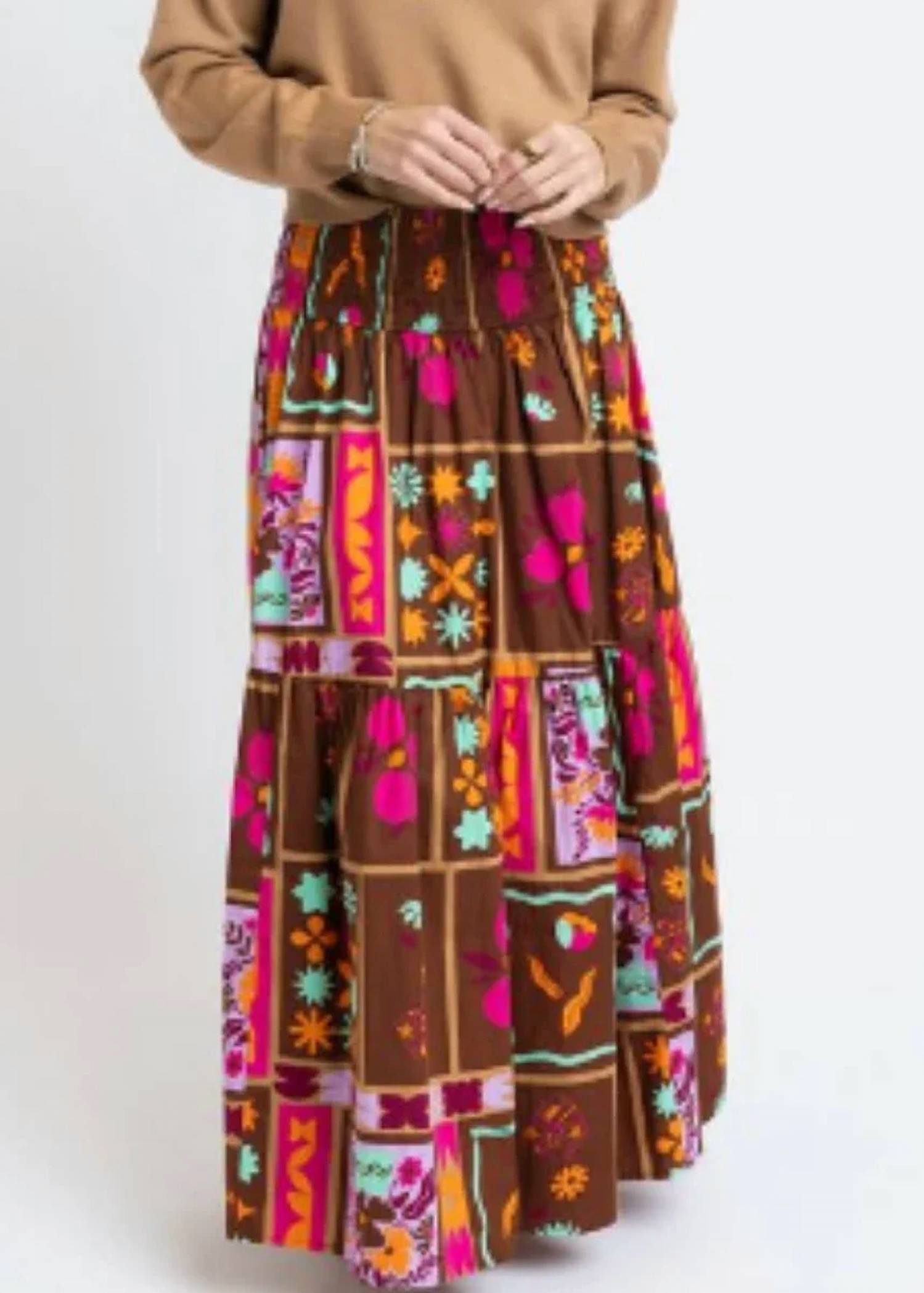 Karlie - Women's Floral Frame Tier Smock Maxi Skirt
