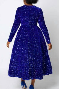Unishe - Women's Round Neck Solid Color Sequin High Waist Dress